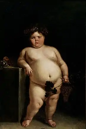 A nude painting of a dark-haired pink-cheeked obese girl leaning against a table: She is holding grapes and grape leaves in her left hand, which cover her genitalia.