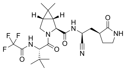 Nirmatrelvir, a 3CLpro inhibitor developed by Pfizer in phase II/III clinical trials as a combination drug with ritonavir.