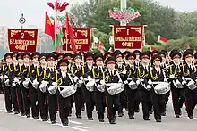 Drummers of the Minsk Suvorov Military School on the avenue during a parade in 2017.