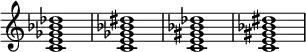 {
\override Score.TimeSignature #'stencil = ##f
\relative c' {
\clef treble
\time 4/4
\key c \major
<c e ges bes des>1
<c e ges bes dis>1
<c e gis bes des>1
<c e gis bes dis>1
} }