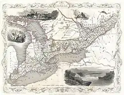 Map of Canada West in 1850, with the Wellington District outlined in green. The outline mistakenly excludes Puslinch Township.