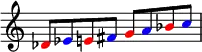 {
\override Score.TimeSignature #'stencil = ##f
\relative c' {
\clef treble \key c \major
\once \override NoteHead.color = #red des8 \once \override NoteHead.color = #blue es \once \override NoteHead.color = #red e! \once \override NoteHead.color = #blue fis \once \override NoteHead.color = #red g \once \override NoteHead.color = #blue a \once \override NoteHead.color = #red bes \once \override NoteHead.color = #blue c
} }