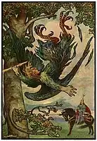 "Nightingale the Robber fell from his nest in the old oaks"Illustration for Russian Fairy Book (1916).