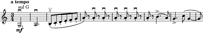 \relative c' \new Staff {
\key c \major \time 3/4 \tempo "a tempo"
g2. \mf ^\markup { sul G } \downbow a\downbow b8-. ( \upbow c-. d-. e-. f-. g-.
a-. ) r a-. \downbow r a-. \downbow r a-. \downbow r a-. \downbow r a-. \downbow r
a-. r b4.-> ( a8) g4.-> c8( g4~ g8)
}
