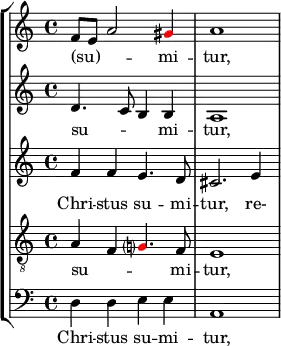 {
%\override Score.SpacingSpanner.strict-note-spacing = ##t
%\set Score.proportionalNotationDuration = #(ly:make-moment 1/16)
<< \new StaffGroup <<
\new Staff <<
\set Score.tempoHideNote = ##t \tempo 4 = 72
\set Staff.midiInstrument = #"voice oohs"
\clef treble \time 4/4
\relative c' {
\clef treble \time 4/4
f8 e a2 \once \override NoteHead.color = #red gis4 a1
}
\addlyrics { (su) -- _ _ mi -- tur, }
>>
\new Staff <<
\set Staff.midiInstrument = #"voice oohs"
\clef treble \time 4/4
\new Voice \relative c' {
d4. c8 b4 b a1
}
\addlyrics { su -- _ _ mi -- tur, }
>>
\new Staff <<
\set Staff.midiInstrument = #"voice oohs"
\clef treble \time 4/4
\new Voice \relative c' {
f4 f e4. d8 cis2. e4
}
\addlyrics { Chri -- stus su -- mi -- tur, re- }
>>
\new Staff <<
\set Staff.midiInstrument = #"voice oohs"
\clef "treble_8" \time 4/4
\new Voice \relative c' {
a4 f \once \override NoteHead.color = #red g?4. f8 e1
}
\addlyrics { su -- _ _ mi -- tur, }
>>
\new Staff <<
\clef bass \time 4/4
\new Voice \relative c {
d4 d e e a,1
}
\addlyrics { Chri -- stus su -- mi -- tur, }
>>
>>
>> }
