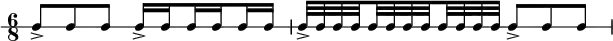 \new RhythmicStaff {
\clef percussion
\time 6/8
\set Score.tempoHideNote = ##t \tempo 4 = 80
c8-> c c
c16-> \set stemRightBeamCount = #1 c \set stemLeftBeamCount = #1 c \set stemRightBeamCount = #1 c \set stemLeftBeamCount = #1 c c
c32-> c c \set stemRightBeamCount = #1 c \set stemLeftBeamCount = #1 c c c \set stemRightBeamCount = #1 c \set stemLeftBeamCount = #1 c c c c
c8-> c c
}