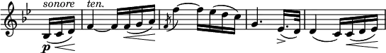 \relative c' \new Staff \with { \remove "Time_signature_engraver" } {
\key bes \major \time 2/4 \partial 8.
bes16\p \< ^\markup \italic sonore ( c d\!) f4~^\markup \italic ten. f16 f\<( g a\!)
\acciaccatura f8 f'4~ f16 es( d c) g4. es16.->( d32) d4( c16) c\<( d es\!)
}