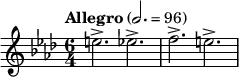 \relative c'' { \clef treble \key f \minor \time 6/4 \tempo "Allegro" 2. = 96 e2.-> ees-> | f-> e-> }
