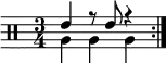 \new DrumStaff <<
\new voice \drummode {
\set Score.tempoHideNote = ##t \tempo 4 = 120
\time 3/4
\stemUp \repeat volta 2 { tommh4 r8 tommh r4 }
}
\new voice \drummode {
\stemDown \repeat volta 2 { tomfh4 tomfh tomfh }
}
>>