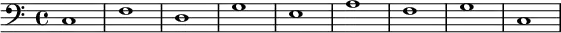 {
\new Staff <<
\new Voice \relative c' {
\stemDown \clef bass \key c \major \time 4/4 \tempo 1 = 60 \set Score.tempoHideNote = ##t
c,1 f d g e a f g c,
}
>>
}
