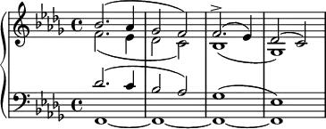 \relative c'' {
\new PianoStaff <<
\new Staff <<
\new Voice = "first" {
\set Staff.midiInstrument = #"piano" \set Score.tempoHideNote = ##t \tempo 4 = 40 \stemUp \clef treble \key bes \minor \time 4/4
bes2. ^( as4 |
ges2 f2 ) |
f2. ^> ^( es4 ) |
des2 ^( c2 ) |
}
\new Voice = "second" {
\stemDown
f2. _( es4 |
des2 c2 ) |
bes1 _( |
ges1 ) |
}
>>
\new Staff <<
\new Voice = "third" {
\stemUp \clef bass \key bes \minor \time 4/4
des'2. ^( c4 |
bes2 as2 ) |
ges1 ^( |
es1 ) |
}
\new Voice = "fourth" \relative c,, {
\stemDown \clef bass \key bes \minor \time 4/4
f'1~
f1~
f1~
f1
}
>>
>>
}