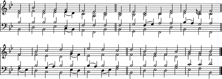 << <<
\new Staff { \clef treble \time 4/2 \partial 2 \key bes \major \set Staff.midiInstrument = "church organ" \omit Staff.TimeSignature \set Score.tempoHideNote = ##t \override Score.BarNumber #'transparent = ##t
\relative c'
<< { f2 | bes f g g | f es d \bar"||" d | es d c f |
f e f \bar"||" \break f | bes c d bes |
es d c \bar"||" d | bes g f bes | bes a bes \bar"|." } \\
{ d,2 | f d es es4( d) | c2 a bes bes | bes bes c d |
d c c f | f es d g4( f) |
es2 f f f | f es f d | g f f } >>
}
%%\new Lyrics \lyricsmode { put lyrics here if you insist }
\new Staff { \clef bass \key bes \major \set Staff.midiInstrument = "church organ" \omit Staff.TimeSignature
\relative c'
<< { bes2 | bes bes bes es, | f f f f | g f4( g) a2 a |
bes4( a) g2 a a | bes g4( a) bes2 bes |
bes4( a) bes2 a bes | bes bes bes bes | c c d } \\
{ bes,2 | d bes es c4( bes) | a2 f bes bes | g bes f d' |
bes c f, f'4( es) | d2 c bes es4( d) |
c2 d4( es) f2 bes, | d es d g | es f bes, } >>
}
>> >>
\layout { indent = #0 }
\midi { \tempo 2 = 90 }