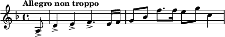\new staff
\relative c' {
\set Staff.midiInstrument = #"trumpet"
\clef treble
\key d \minor
\time 4/4
\tempo "Allegro non troppo" \tempo 4 = 110
\partial 8 a8-> d4-> e-> f4.-> e16 f g8 bes f'8. 16 e8 g c,4
}