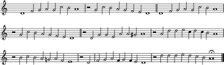 { \key c \major
\time 72/2
\set Score.tempoHideNote = ##t
\tempo 2=100
\set Staff.midiInstrument = "english horn"
\override Score.TimeSignature #'transparent = ##t
\override Score.BarNumber #'transparent = ##t
\repeat unfold 2 { d'1 f'2 g' a' g' c'' b' a'1 \bar "|" r2 g' c'' b' a' g' f' e' d'1 \bar "||" }
r2 d' g' g' e' a' a' gis' a'1 \bar "|" r2 a' d'' d'' e'' c''4 d''2 c''4 b'2 a'1 \bar "|"
r2 b' c'' b' a' g' a' f' e'1 \bar "|" r2 d' f' g' a' f'4 g'2 f'4 e'2 d'1 \bar "|"
r2 d'' d'' d'' e'' d'' c'' b' a'\breve\fermata \bar "|."}