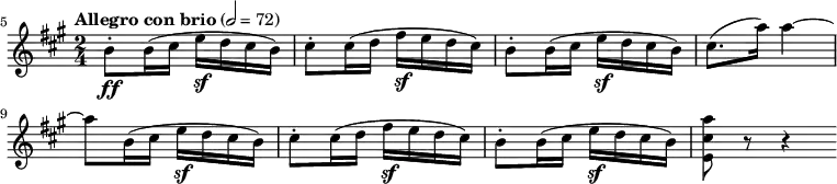 \new Score {
\new Staff {
\relative e'' {
\set Staff.midiInstrument = #"violin"
\set Score.currentBarNumber = #5
\time 2/4
\key a \major
\clef treble
\tempo "Allegro con brio" 2 = 72
\bar ""
b8-.\ff b16( cis e\sf d cis b)
cis8-. cis16( d fis\sf e d cis)
b8-. b16( cis e\sf d cis b)
cis8.(a'16) a4~
a8 b,16( cis e\sf d cis b)
cis8-. cis16( d fis\sf e d cis)
b8-. b16( cis e\sf d cis b)
<e, cis' a'>8 r r4 \bar ":|"
}
}
}