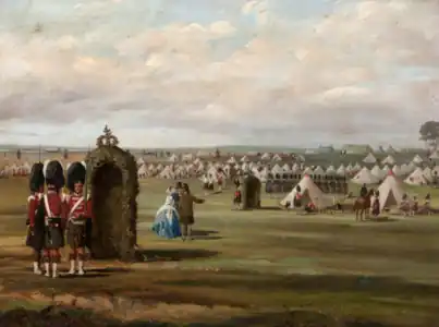 "79th Regiment at Chobham Camp,1853" Chobham Camp (Surry) was the first major army manoeuvres in the Crimean war in 1853. De Prades joined thousands of visitors, including Queen Victoria, to depict this event through several sketches and watercolours that were made into engravings. Currently in the collection of the Highlanders Museum (Ardersier, Inverness, Scotland)