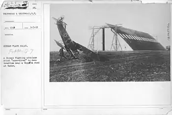 Fokker D VII (OAW) # 2024/18 which crashed at Zeppelin sheds at Namur, Belgium about 1918.[citation needed] {Underwood & Underwood Picture received by US War Department January 7,1919}