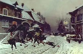 The Attack at Dawn (1877).  The Garde Mobile rush from an inn to defend themselves from the advancing Prussian troops. The Walters Art Museum.