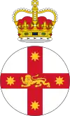 Crest featuring crown atop white disk with red cross, and lion in centre