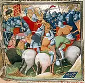 A colourful and stylised picture of late-Medieval cavalry battle
