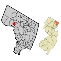 Location of Midland Park in Bergen County highlighted in red (left). Inset map: Location of Bergen County in New Jersey highlighted in orange (right).