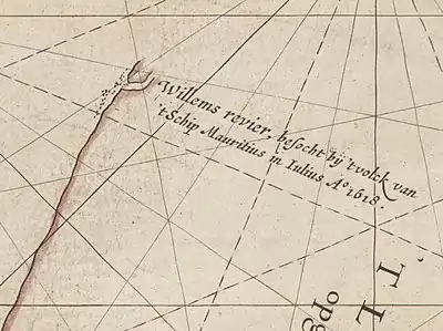 Caert van't Landt van d'Eendracht - (detail naming the Mauritius 1612 (2) as ship used for the discovery of the Willems River) - The text on this close-up cropped image says, Willems revier, besocht by 't volck van 't Schip Mauritius in Iulius A° 1618 ("Willem's River, visited by the crew of the ship Mauritius in July 1618")