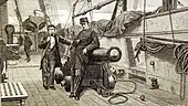 Deck scene cruiser Alabama in August 1863 - Lts Armstrong and Sinclair at Sinclair's 32-pounder station