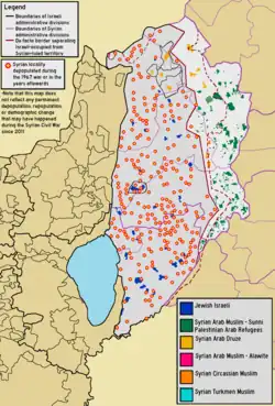 Demographic map of Quneintra Governorate (Golan Heights) overlaid with the location of the depopulated Syrian localities because of the Israeli occupation