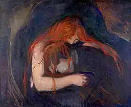 Love and Pain (Vampire), 1895, .mw-parser-output .frac{white-space:nowrap}.mw-parser-output .frac .num,.mw-parser-output .frac .den{font-size:80%;line-height:0;vertical-align:super}.mw-parser-output .frac .den{vertical-align:sub}.mw-parser-output .sr-only{border:0;clip:rect(0,0,0,0);clip-path:polygon(0px 0px,0px 0px,0px 0px);height:1px;margin:-1px;overflow:hidden;padding:0;position:absolute;width:1px}91 cm × 109 cm (35+3⁄4 in × 43 in), Munch Museum, Oslo