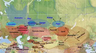 The Gorokhovo culture and Eurasian archaeological cultures in the Iron Age (ca. 800–100 BCE) with their approximate ranges. Cultures in the Seima-Turbino zone are indicated with blue letters.