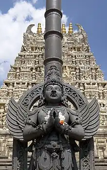 View of Gopura (tower over entrance) from Garuda stambha (pillar) at Chennakeshava temple complex, Belur