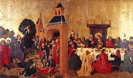 Triumphal entry into Jerusalem; Last Supper (details from the Colmar Altarpiece)