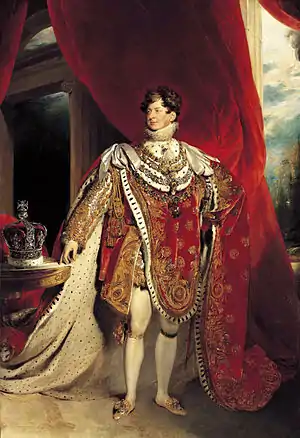 King George IV depicted wearing coronation robes and four collars of chivalric orders: the Golden Fleece, Royal Guelphic, Bath and Garter by Thomas Lawrence; c. 1821