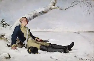 Wounded Warrior in the Snow, Helene Schjerfbeck, 1880, the scene not directly from any poem but influenced by them