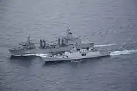 Shivalik undergoing replenishment from HMAS Stalwart during a Malabar exercise.