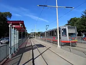An inbound train at Junipero Serra and Ocean station, 2018