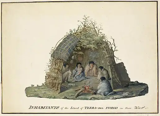Inhabitants of the island of Tierra del Fuego, in their hut, January 1769