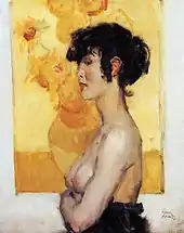 Woman before "Sunflowers" by Vincent van Gogh, ca. 1917, Museum de Fundatie, Zwolle