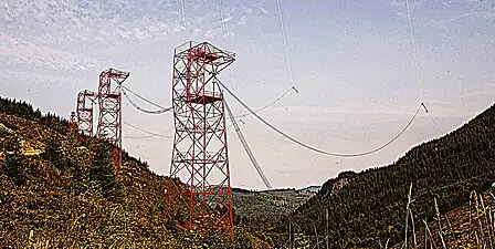 Towers supporting one of two antenna feed bus cables extending from the transmitter building.  From each 145 feet (44 m). tower a vertical feedline (faintly visible, top of picture) extends up 900 feet (270 m). to attach to the midpoint of each horizontal valleyspan cable.