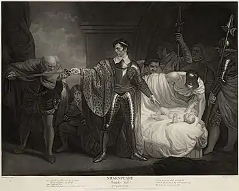A man stands at the center of the engraving, dressed in armor. His sword is outstretched to his right and an elderly man is kissing it. At his right, a baby is lying in a bed, surrounded by soldiers.