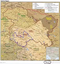 Kishtwar district is in the Jammu division (shown with neon blue boundary) of Indian-administered Jammu and Kashmir (shaded in tan in the disputed Kashmir region