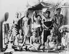 Samoan exiles aboard German warship taking them to Saipan, including Lauaki Namulauulu Mamoe, 1909.