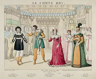 stage scene with five characters in 16th-century costume - three women, one man and one "boy" (played by a woman)