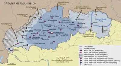 Map showing the situation in the first days of the Slovak National Uprising.