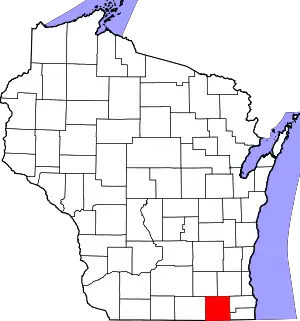 Map of Wisconsin highlighting Walworth County where the unincorporated community of Voree is located