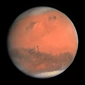 Mars imaged by the Hubble Space Telescope in 2003.