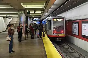 An outbound S Shuttle train at Powell station, 2017