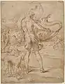 Huntsmen sounding his horn with a staghunt in the distance by Parmigianino (c. 1530-1539)