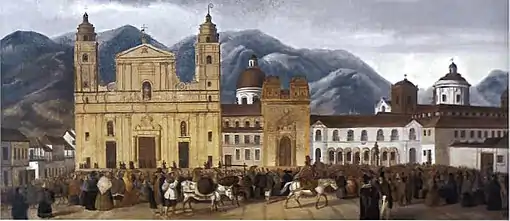 Plaza de Bolívar (and the Colegio de San Bartolomé to the right) in 1840 by José Santos Figueroa