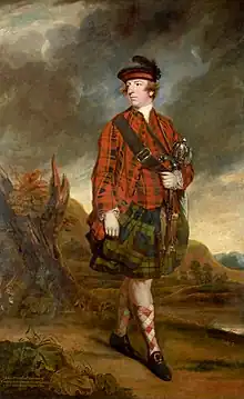 A full-length portrait of John Murry, 4th Earl of Dunmore, dressed in tartan and kilt